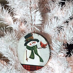 Hand Crafted Decoupage Wooden Christmas Ornament/Winter Snowman with Cardinal
